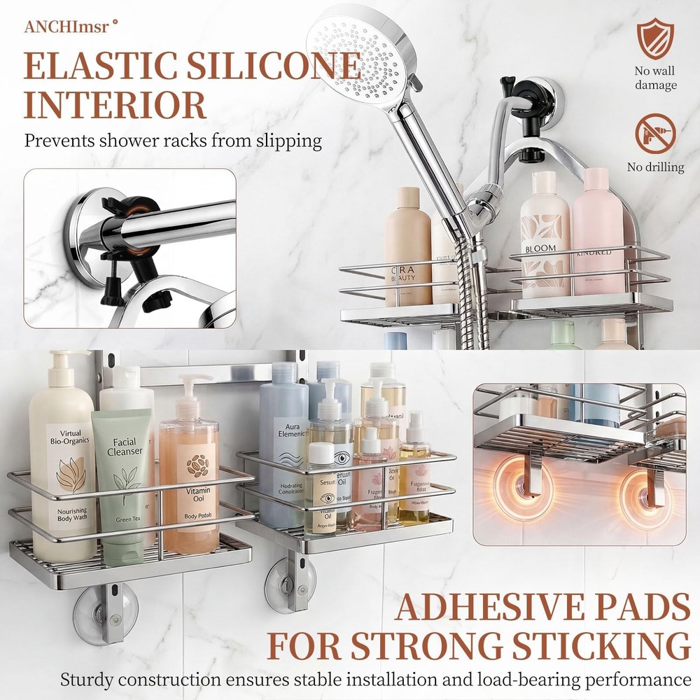 Adjustable Hanging Shower Caddy for Handheld Showerhead, 3-Tier Rustproof Sho...