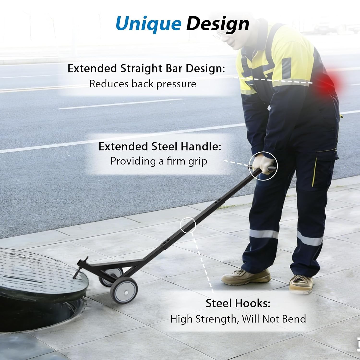 Heavy Duty Manhole Cover Hook with Wheels,Multipurpose Lifting and Pulling