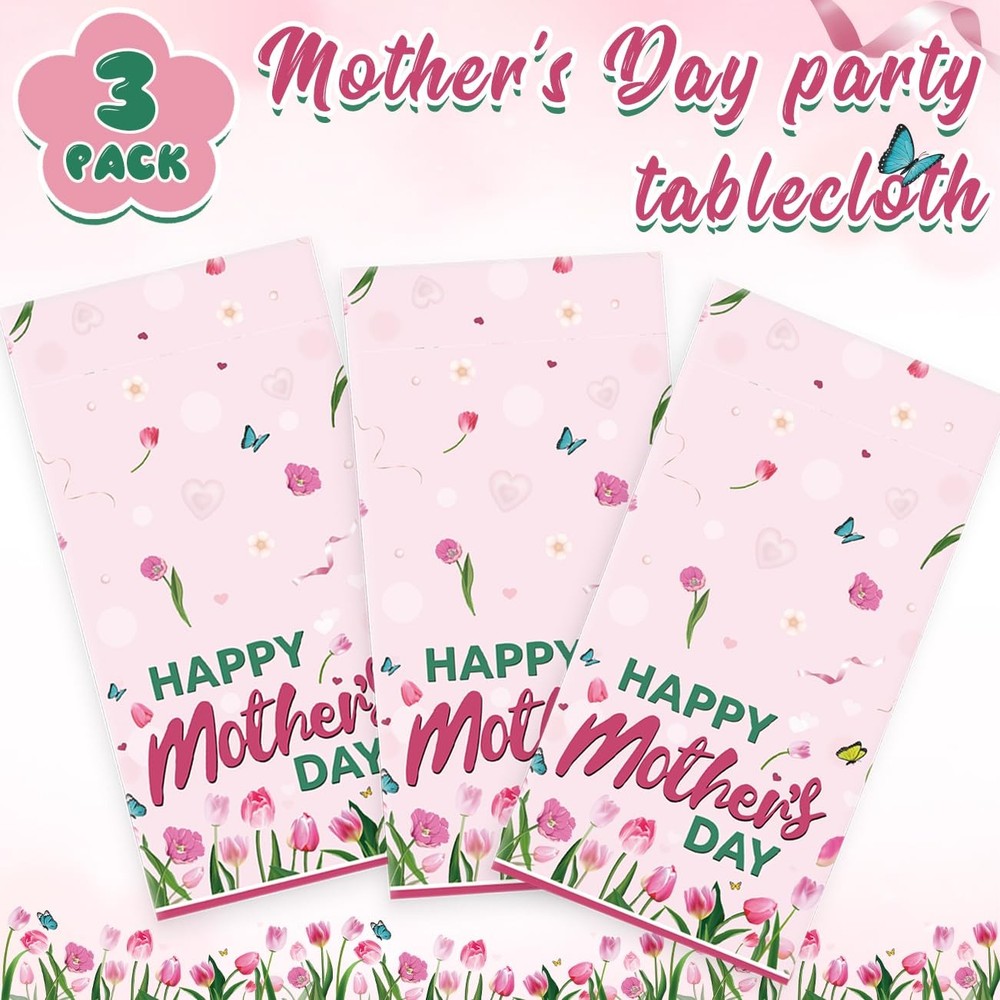 Happy Mothers Day Decorations Tablecloth 3Pcs 108" x 54" (Rectangular), Pink