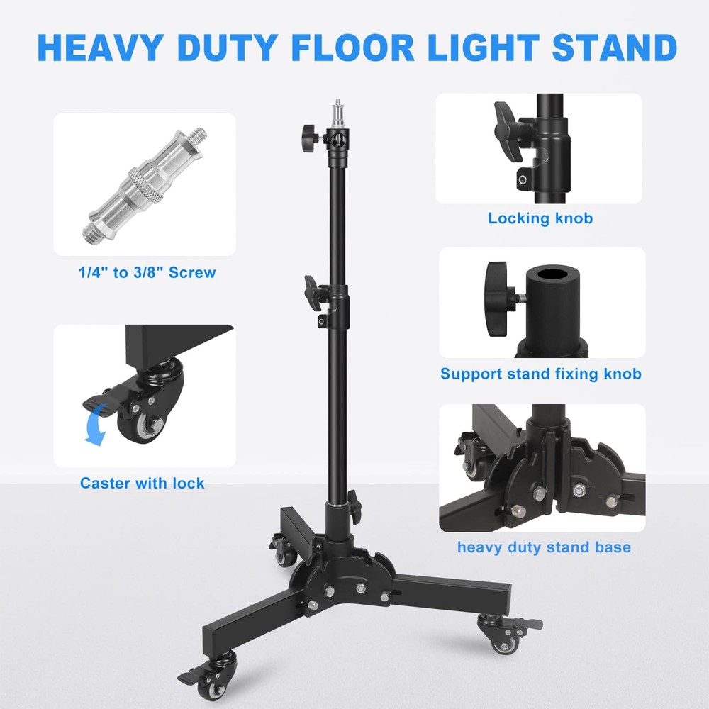 Short Floor Light Stand with Casters, 23.8-32.9" Removable Foldable Rolling S...