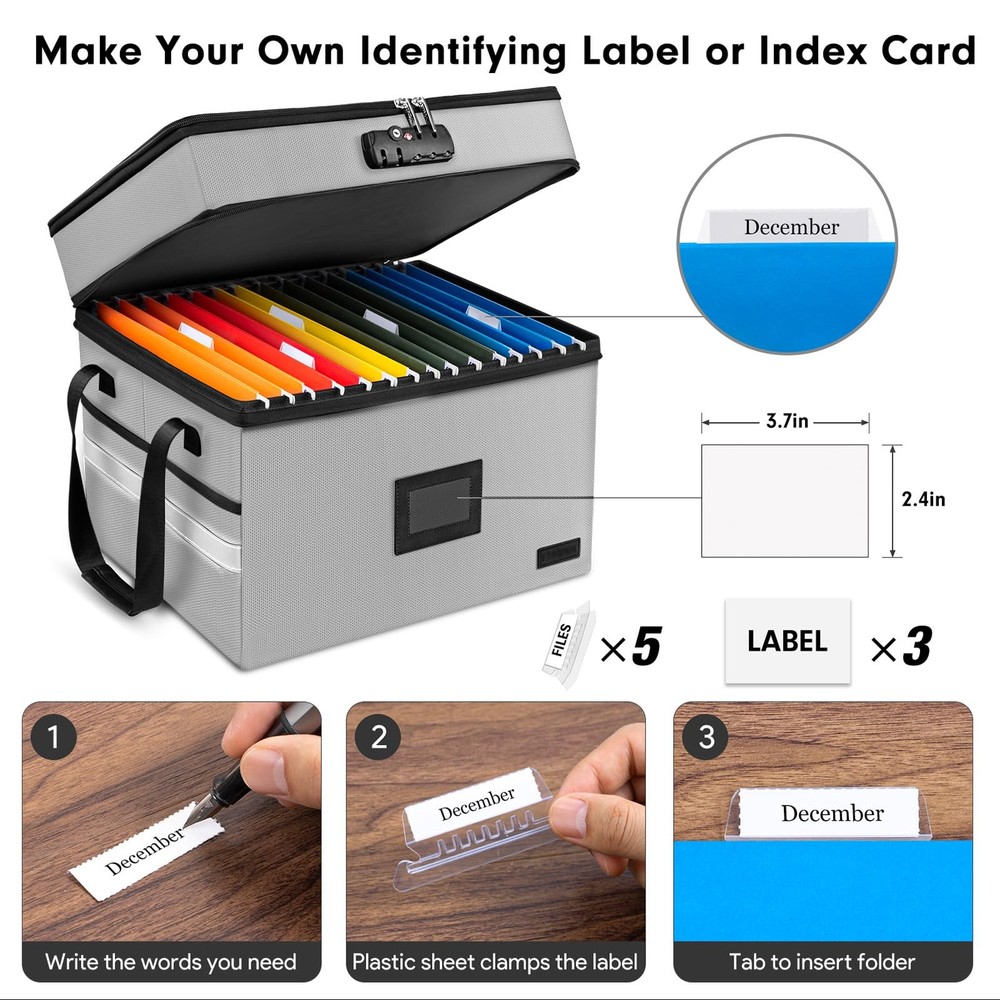 Fireproof Document Box with Lock, 2-Layer File Box Storage Organizer with 5 T...