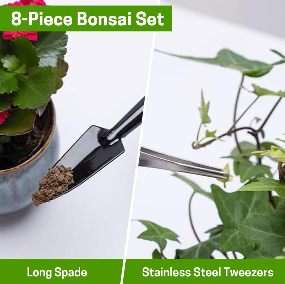 Bonsai Set 8 Pcs - Include Pruner, Fold Scissors, Mini Rake, Bud & Leaf Trimmer
