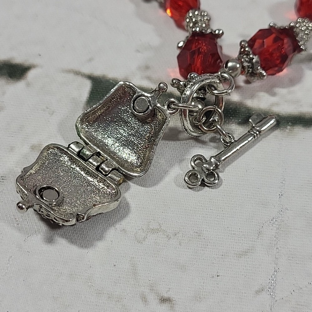 Beaded Bracelet with Locket Charm Red and Silver Tone