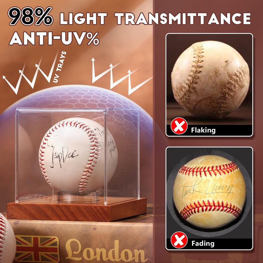 JupDec Baseball Display Case, Clear Cube Holder with 2 Pack, Brown