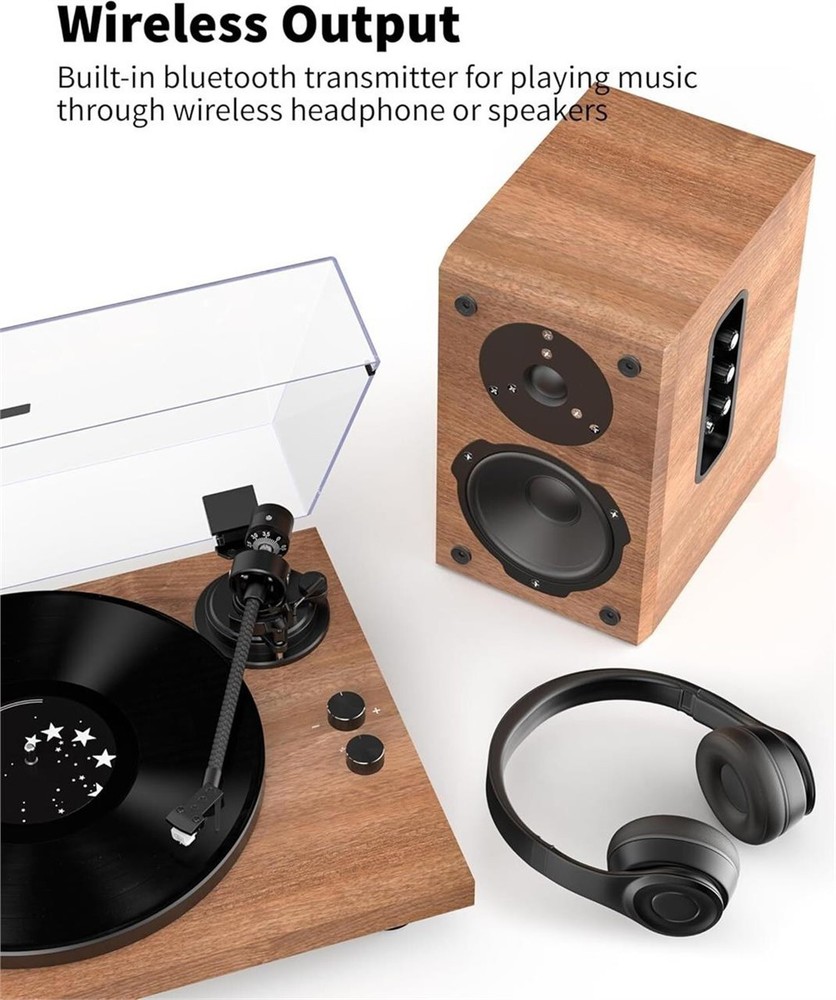 Turntable Vinyl Record Player Support Bluetooth Output Phono/Line Switch Brown