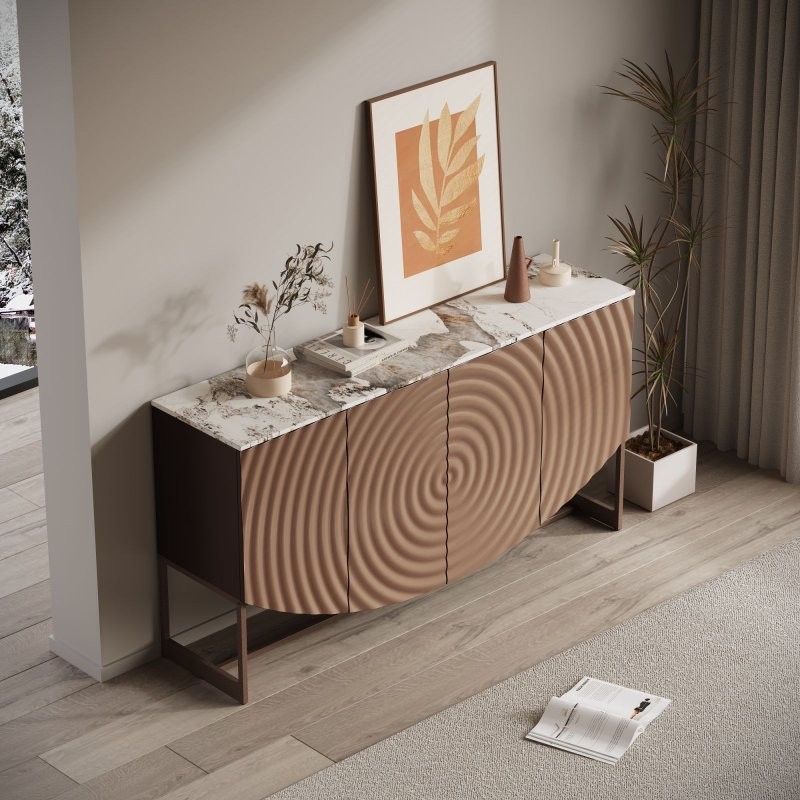 3D Wave Texture Buffet Cabinet Modern Kitchen Sideboards with Storage 4-Door US
