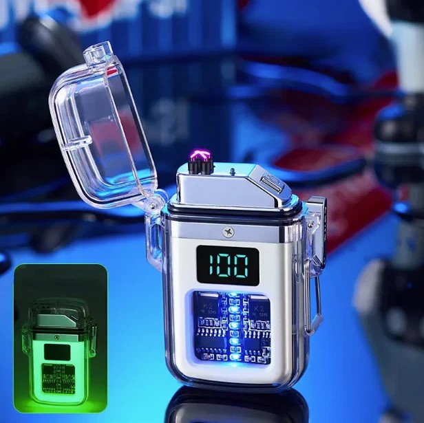 Transparent shell waterproof rechargeable pulse lighter with digital display NEW