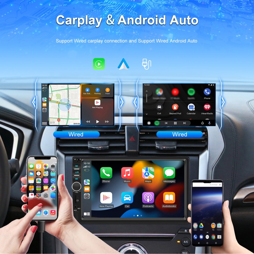 7'' Double 2 Din Car Radio Car Stereo Touch Screen Android Auto BT Apple CarPlay