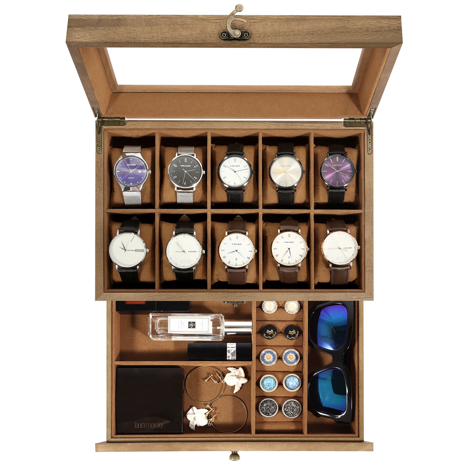 8-10-12 Slot Watch Box Solid Wood Watch Display Case with Glass Lid Watch Holder