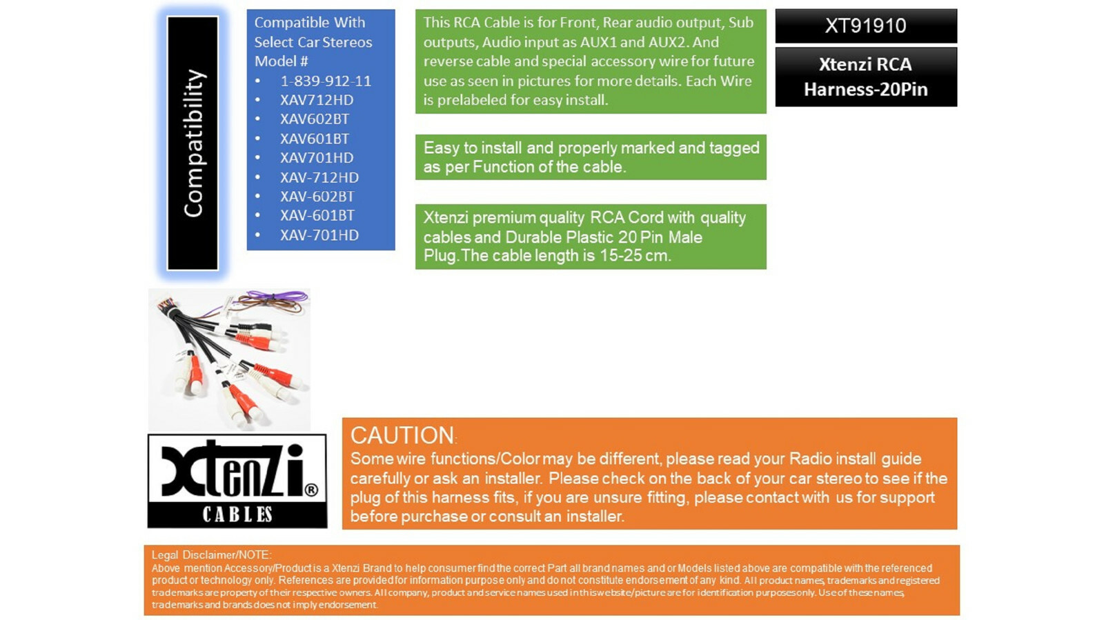 Xtenzi 20Pin AV RCA Harness for Sony XAV602BT XAV712HD XAV601BT XAV701HD