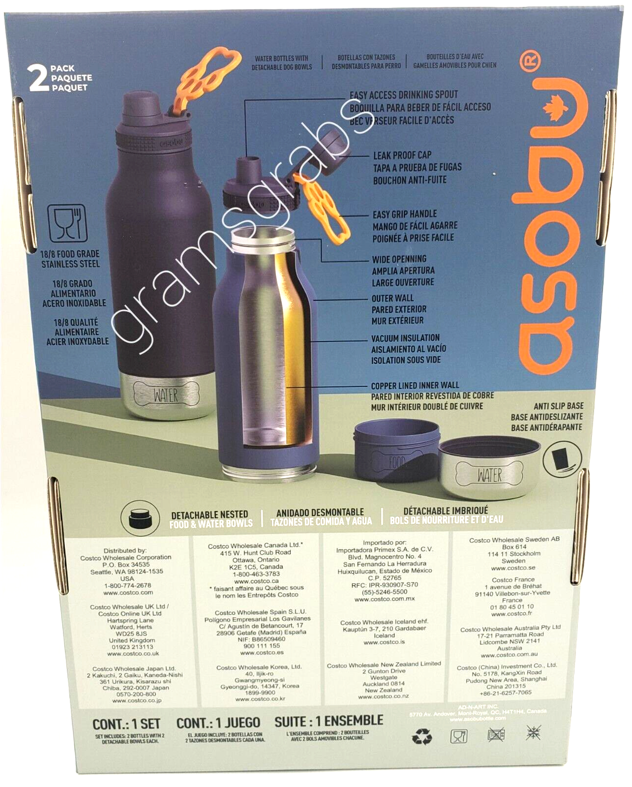ASOBU BUDDY VACUUM INSULATED 34 oz WATER BOTTLE + DOG FOOD & WATER BOWL 2 PACK