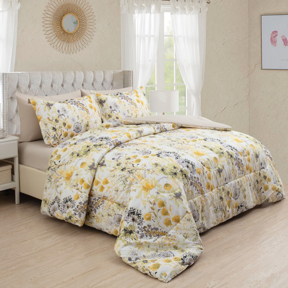 Printed Bed in a Bag Comforter Sheet Set, Modern Yellow Hydrangea Floral Queen