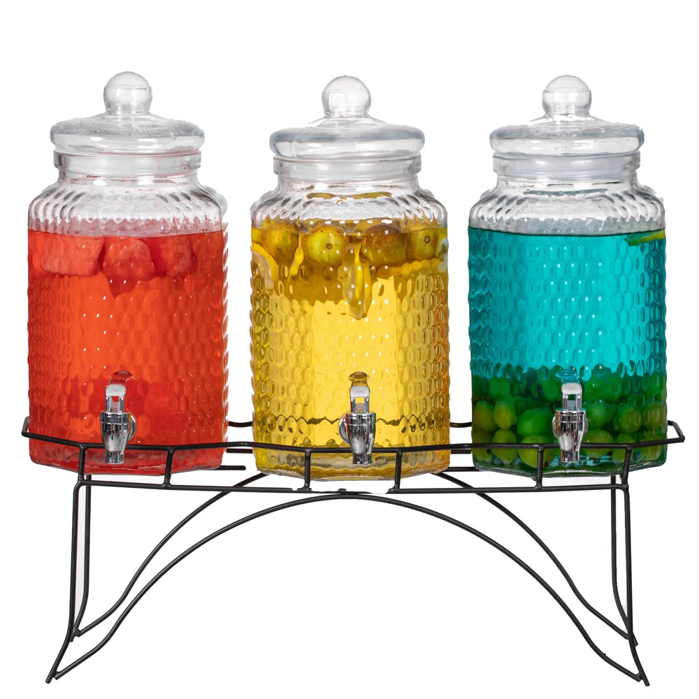 3-Piece Glass Drink Dispenser Set with Metal Stand & Stainless Steel Spigot