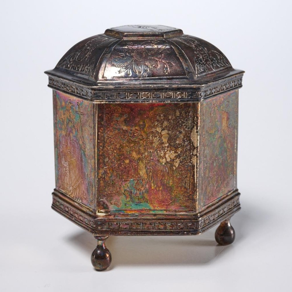 MMA Dutch Repro Silver Plated Gold Wash Marriage Tea Caddy Trinket Box 2.75"h