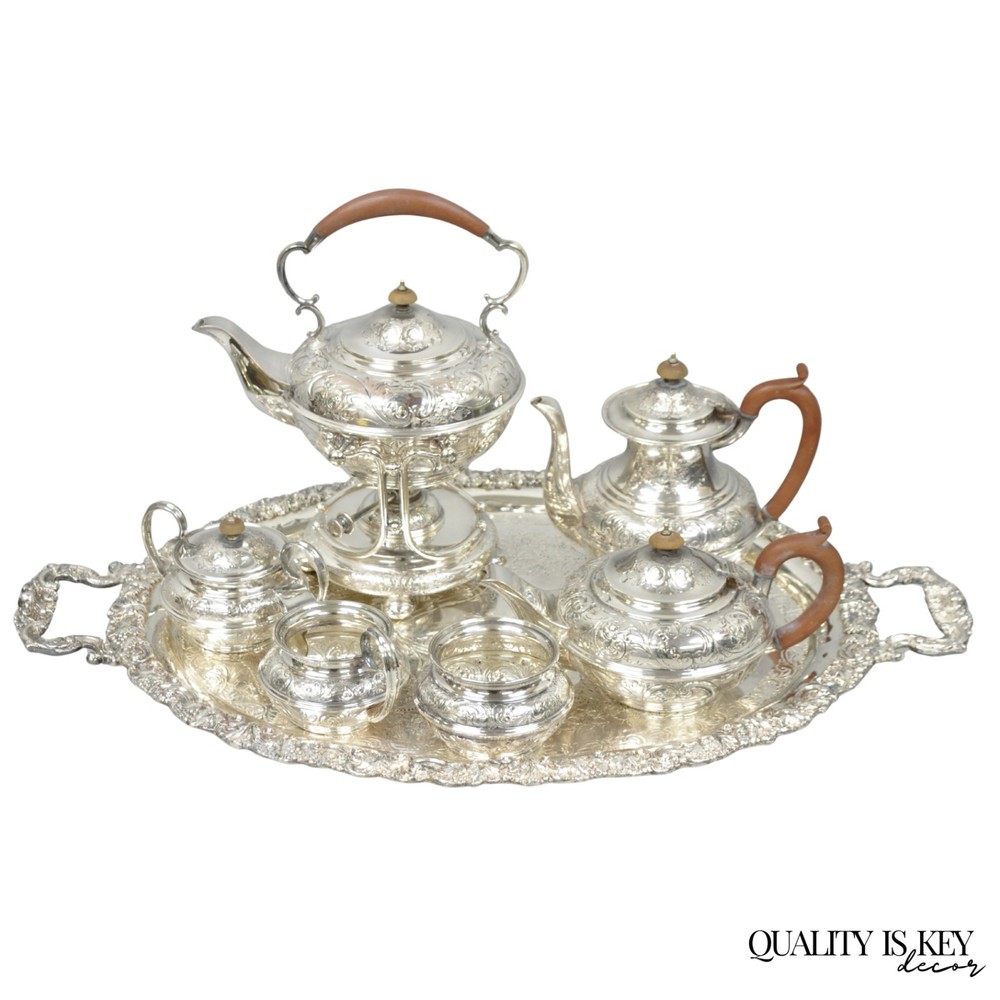 Antique Barker Ellis English Victorian Silver Plated Tea Set w/Tray - 7 Pc Set