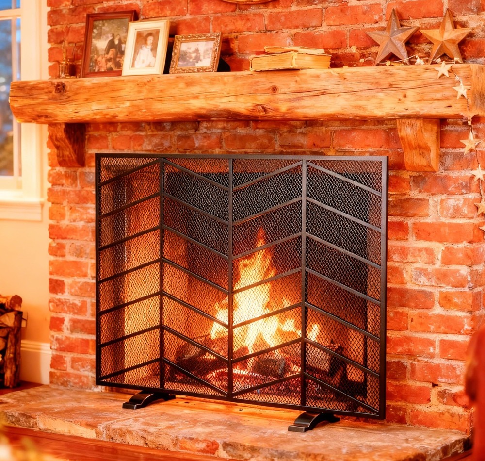 Single Panel Handcrafted Wrought Iron Mesh Chevron Fireplace Screen, Fire Spa...