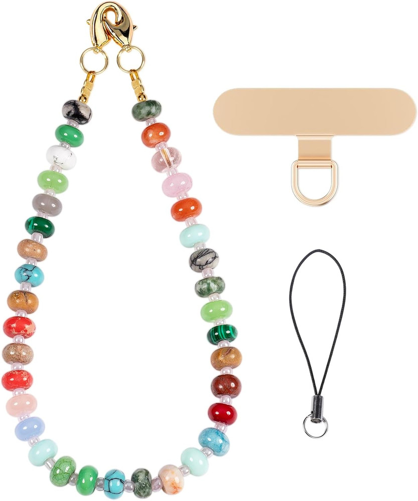 Gemstone Beaded Phone Charm Wrist Strap with Steel Cable Core Stringing, Detacha