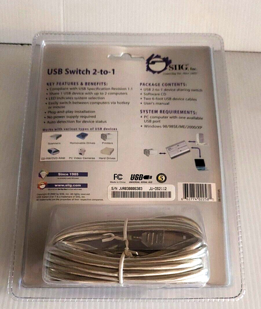 SIIG USB Switch 2-to-1 - USB Sharing Device Model US 2258 SEALED