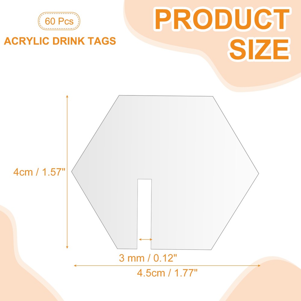 60 Acrylic Beverage Labels, Hexagonal Party Shape, Transparent