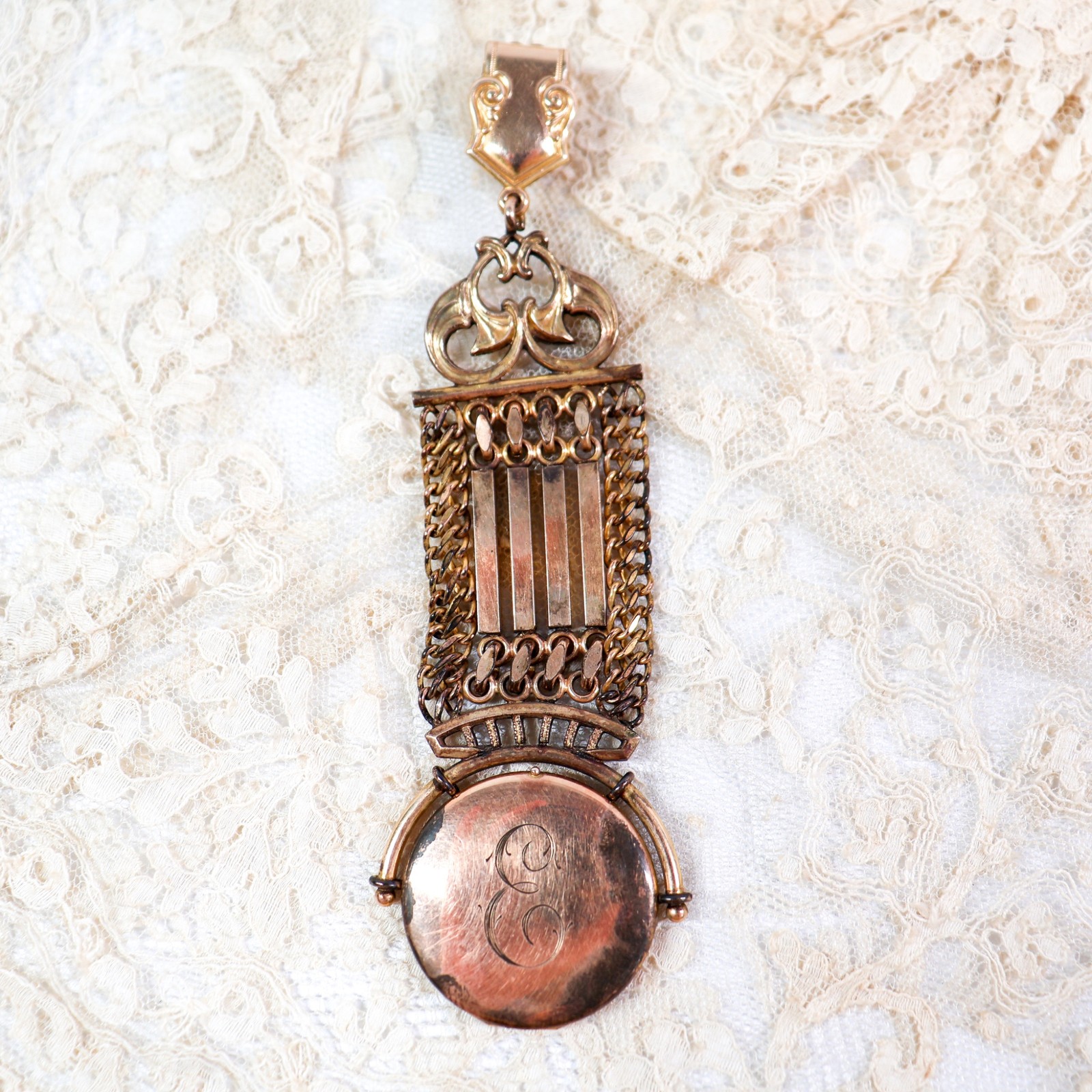 Antique Victorian Gold Filled Initial E Locket Watch Fob Pendant Charm Etched