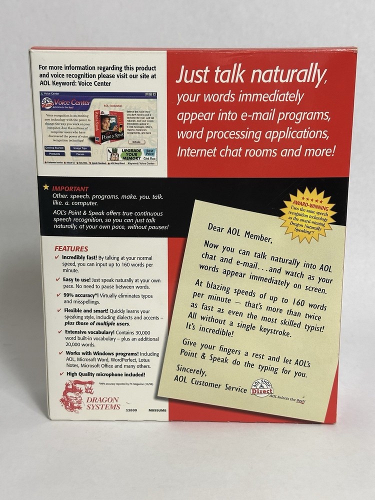 AOL's Point & Speak Speech Recognition |Dragon Systems headset software dummies