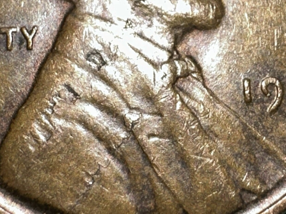 1944 Wheat Cent Lamination & Die Break, Cud errors, L On rim