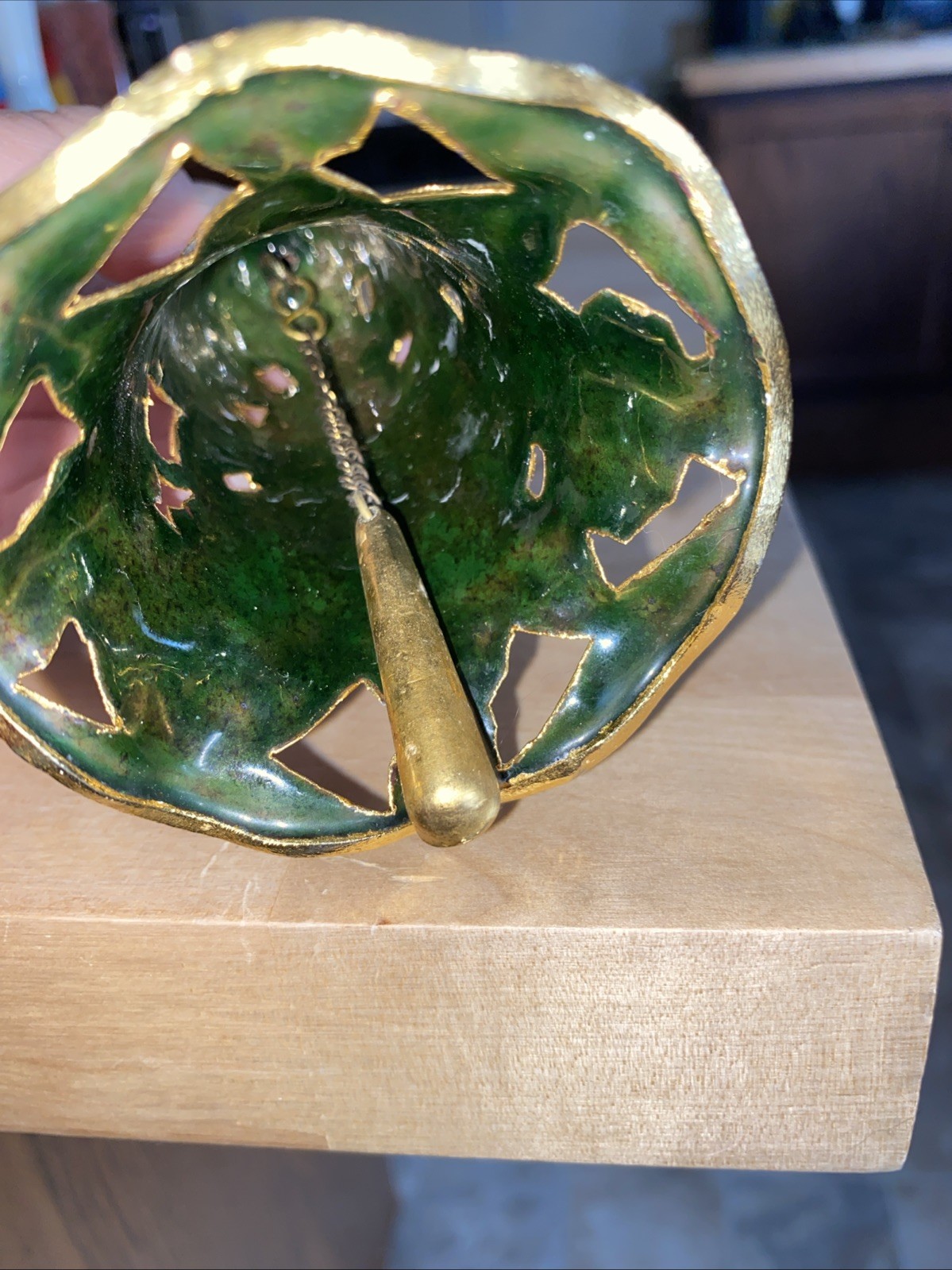 Chinese cloisonné bell W/Gold Trim, Ribbon, Pink Green Painted Design