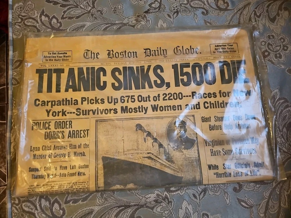 titanic newspaper THE BOSTON DAILY GLOBE