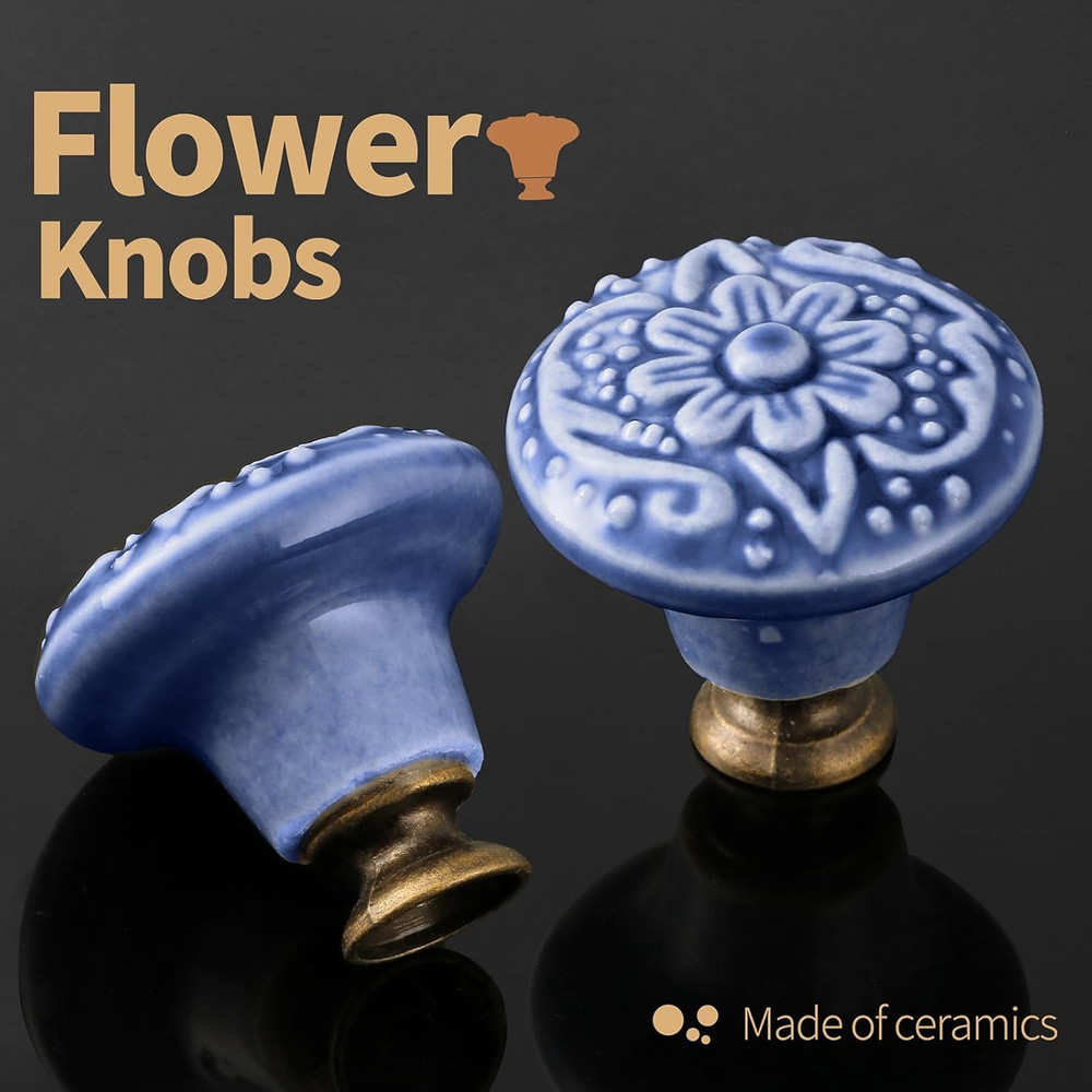 Greyish Blue Ceramic Knobs 10 Pack Flower Drawer Pulls Vintage Cabinet Knobs - A