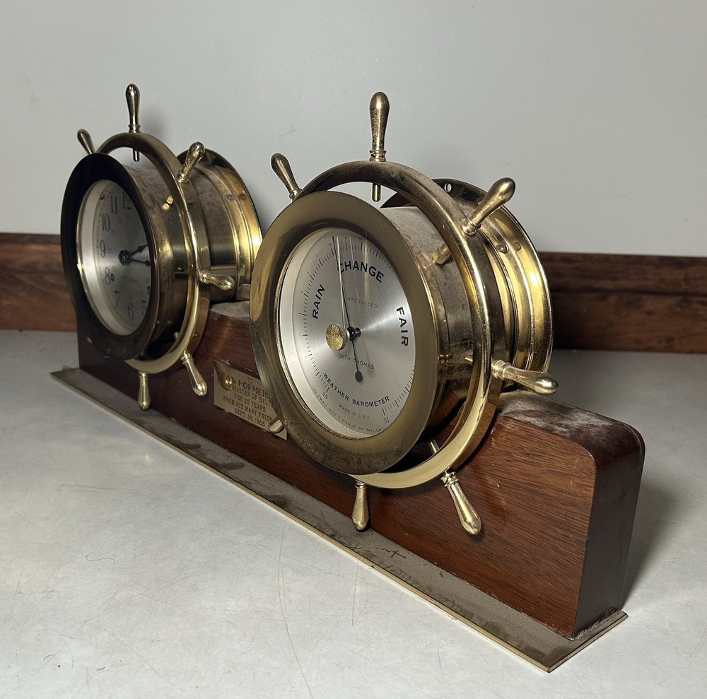 Seth Thomas Helmsman Mounted Ships Clock & Barometer Set Desk Mantel Shelf
