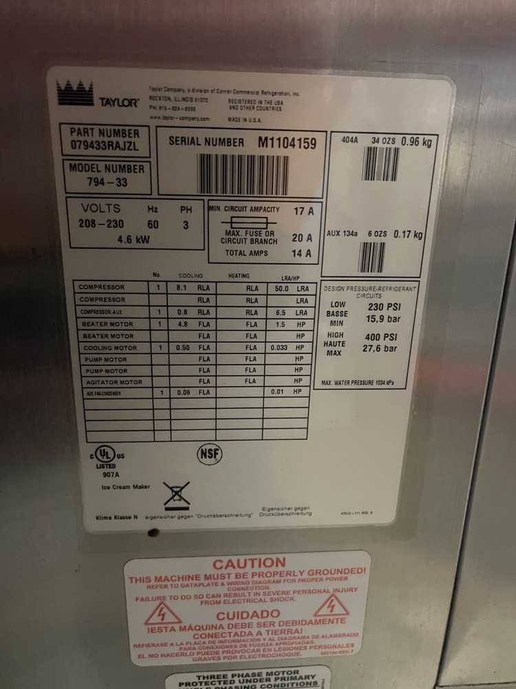 Taylor C794-33 Machine, Water Cooled, 3 Phase