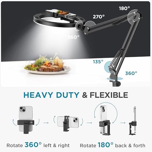 Overhead Phone Mount with Ring Light, 10" LED Selfie Ring Light for Medium