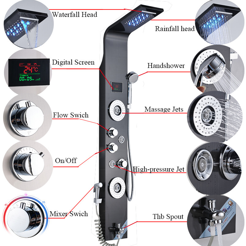 Stainless Steel Shower Panel Tower System LED Rainfall&Waterfall Massage Body