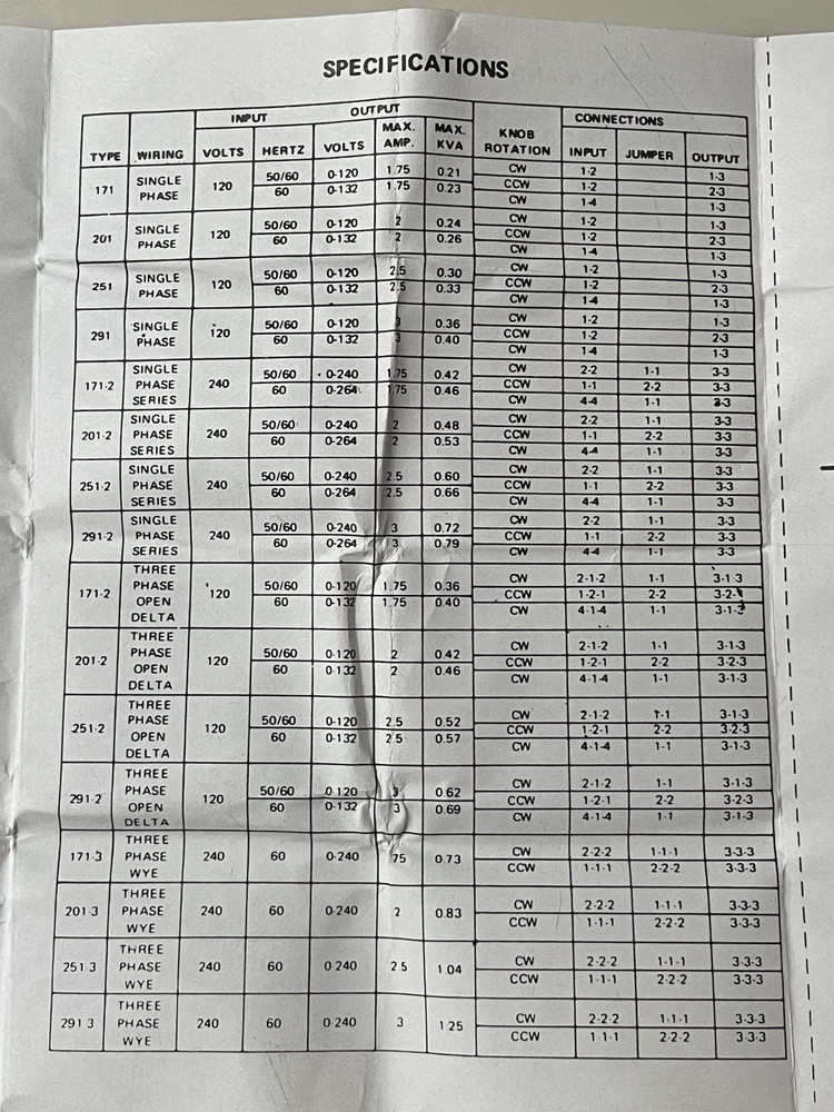 Staco Type 251 Variable Autotransformer - Panel Mount