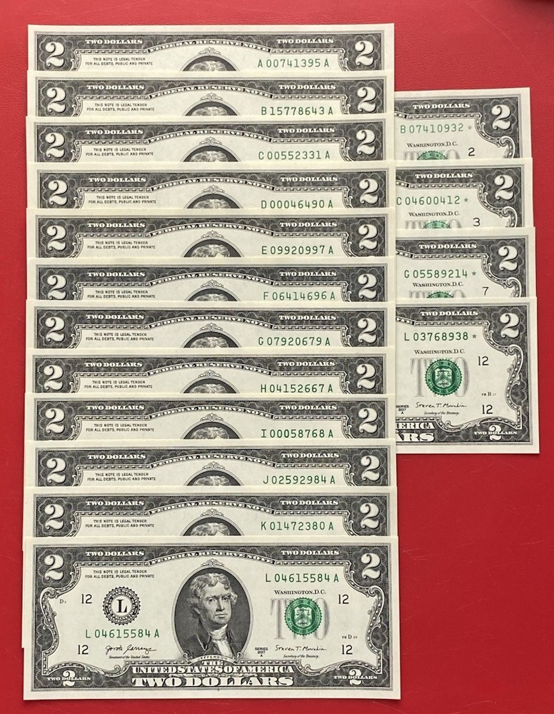 2017A $2 TWO DOLLAR BILLS ( 12 District full set + 4 Star Notes B-C-G-L , UNC