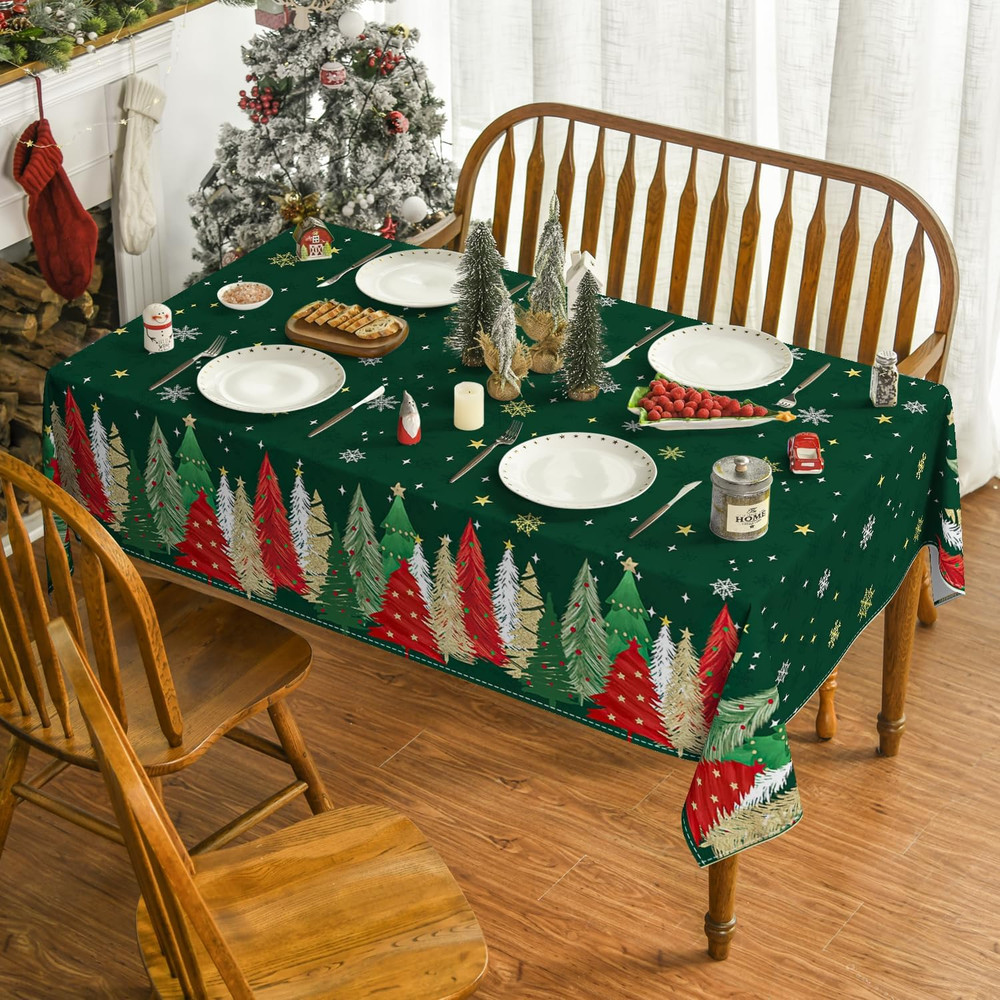 Christmas Tablecloth 60×84 Inch Rectangular, Christmas Trees Green Washable Tabl