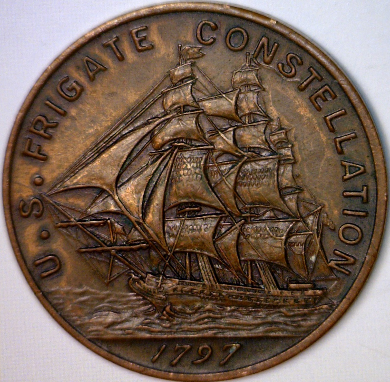 1797 USS FRIGATE CONSTELLATION COPPER MEDAL COIN Struck from the Ship Parts w NR