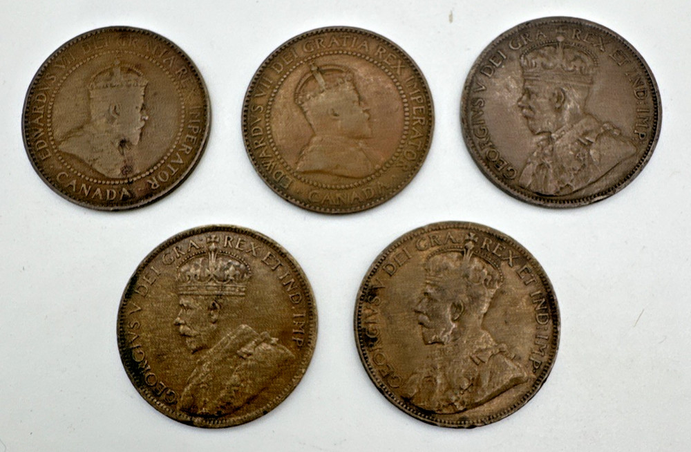 Qty 5 CANADIAN LARGE CENTS 1908-1920