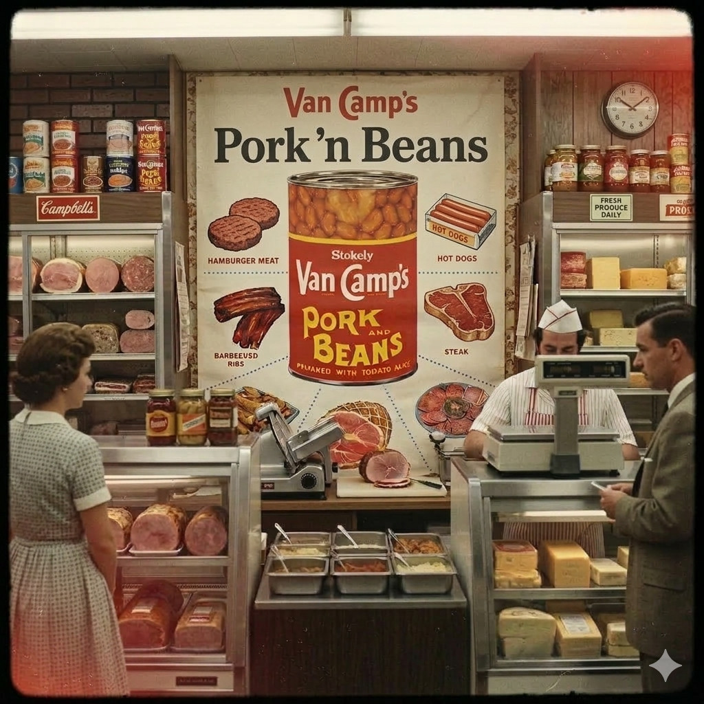 Vintage Grocery Store Advertising Display 58x42 Poster Van Camp's Pork and Beans