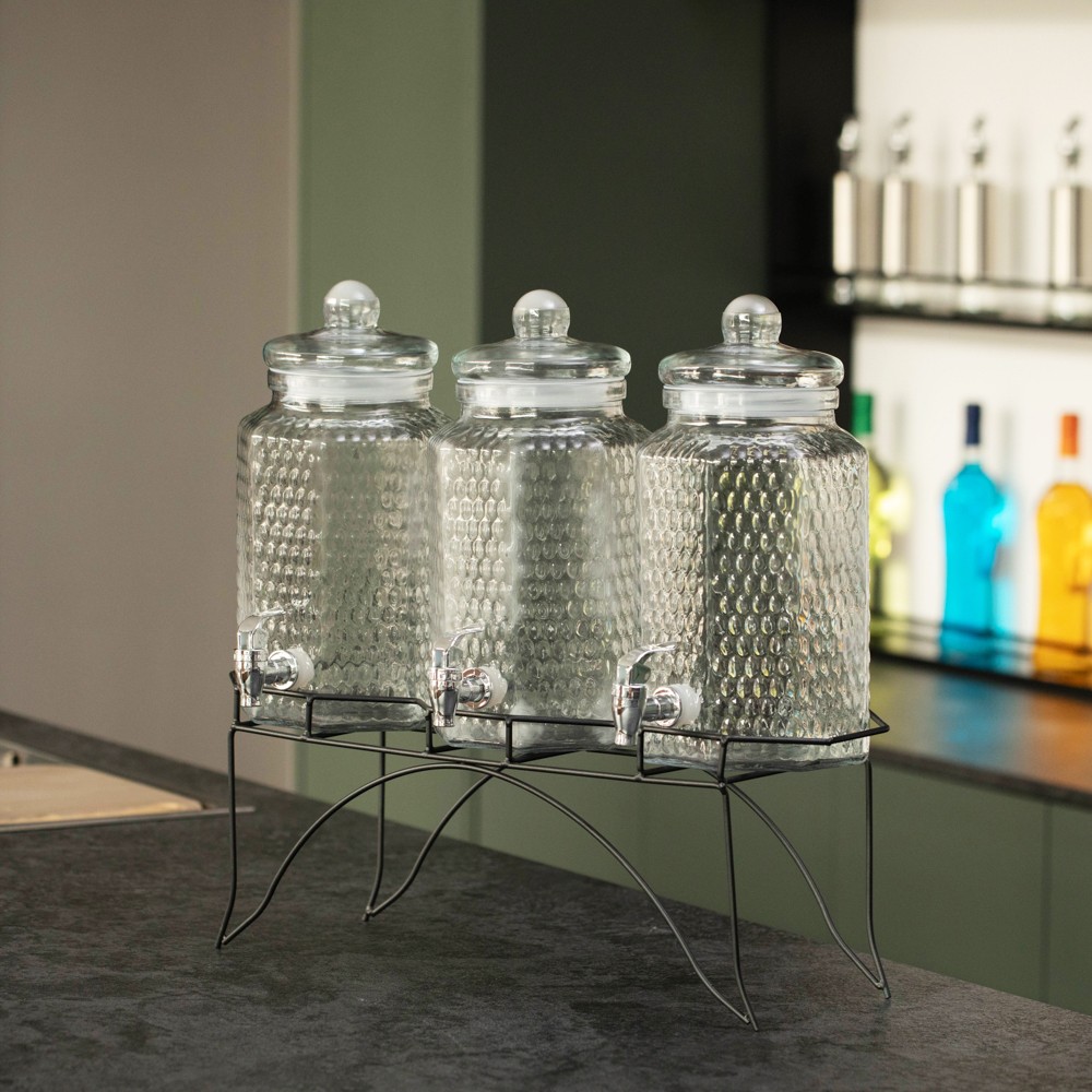 3-Piece Glass Drink Dispenser Set with Metal Stand & Stainless Steel Spigot