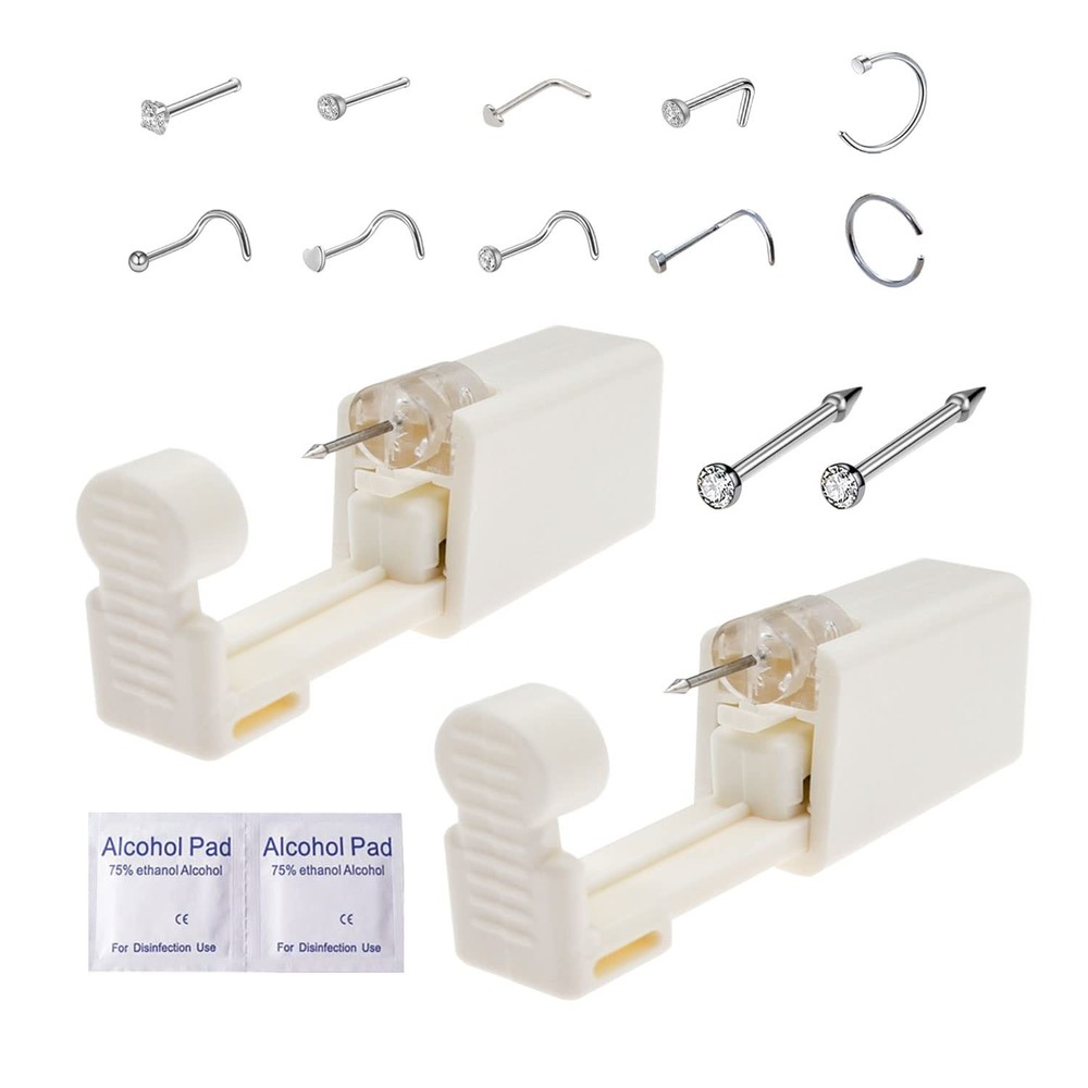 2 Pack Disposable Self Nose Piercing Tool With 10Pc Nose Rings Nose Piercing...
