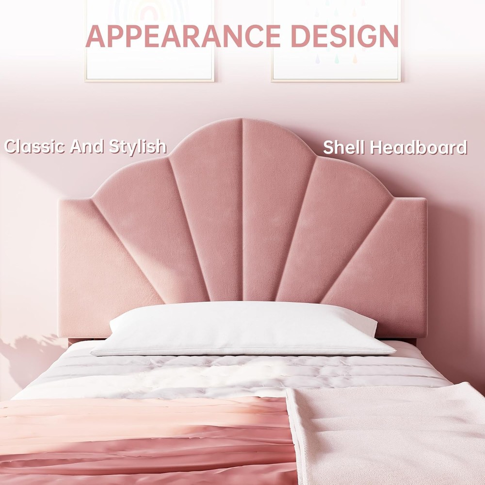 Pink Twin Bed Frame Velvet Upholstered Platform Bed Frame Adjustable Headboard