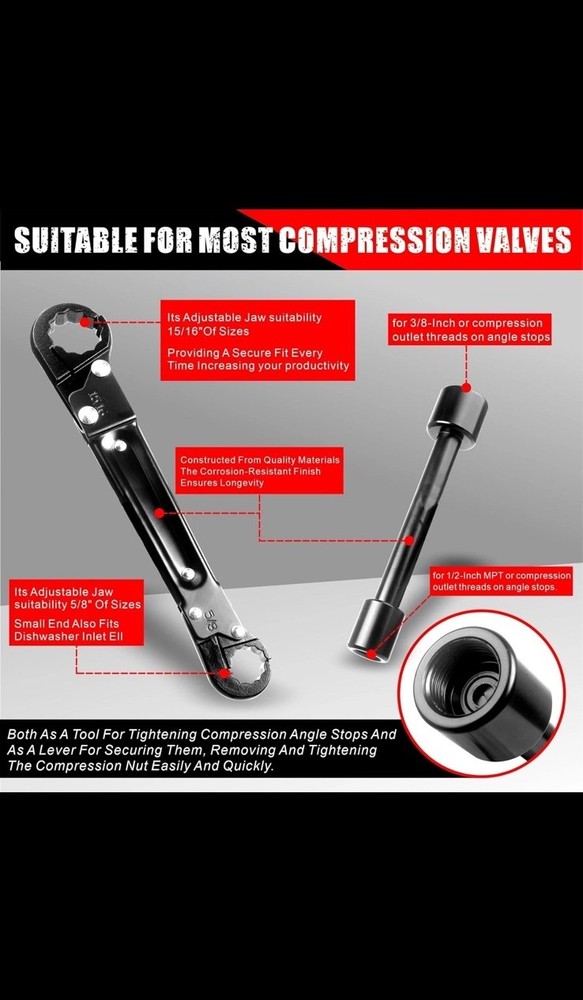 Angle Stop Wrench Kit Plumbing Tool for Compression Ring Installation & Removal