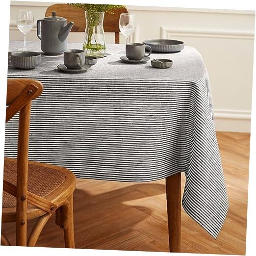 Linen Striped Tablecloth 60 x 90 Inch - 90" x 60" (Rectangular) Black & White