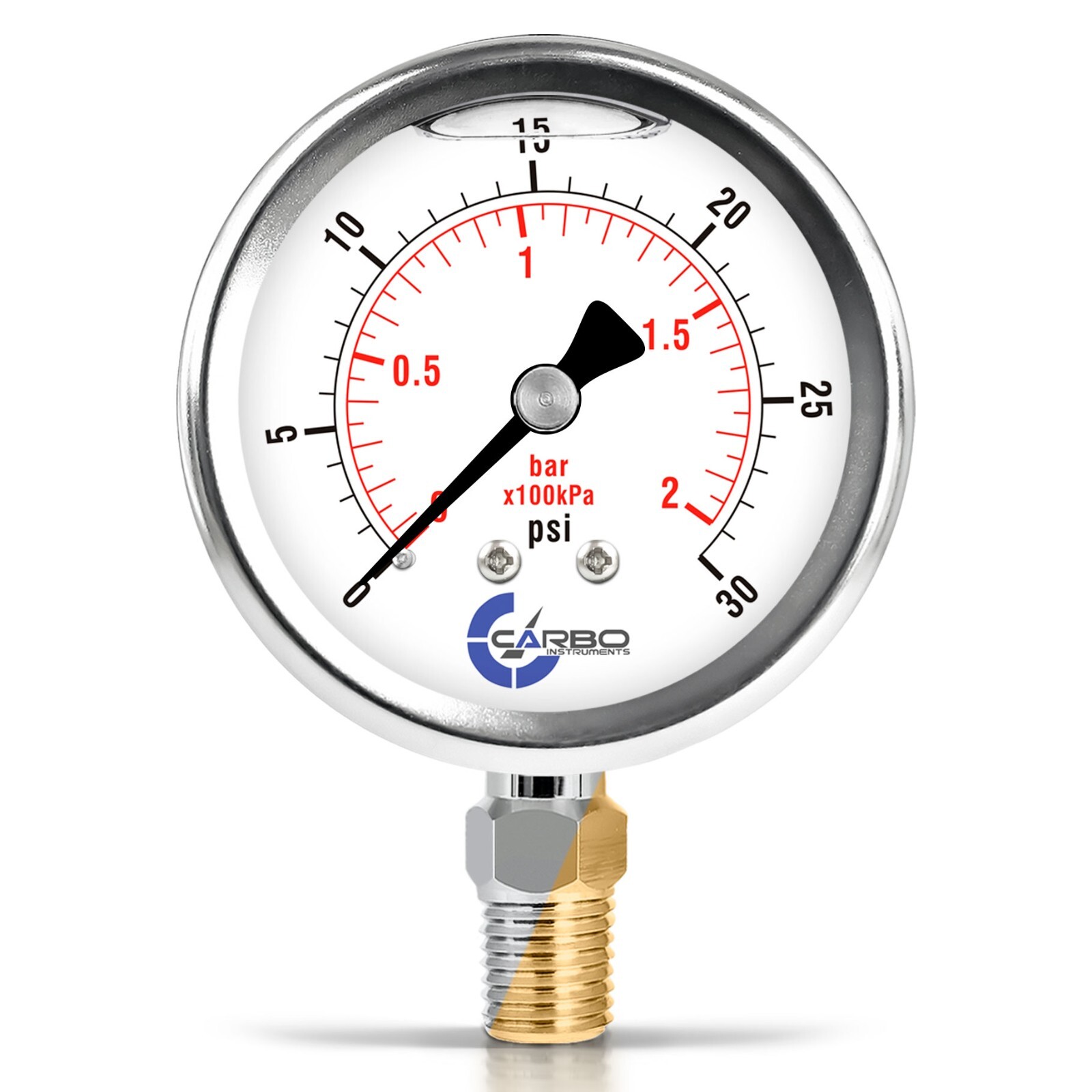 2.5" LIQUID FILLED PRESSURE GAUGE 0 - 30 PSI, STAINLESS STEEL CASE LOWER MOUNT