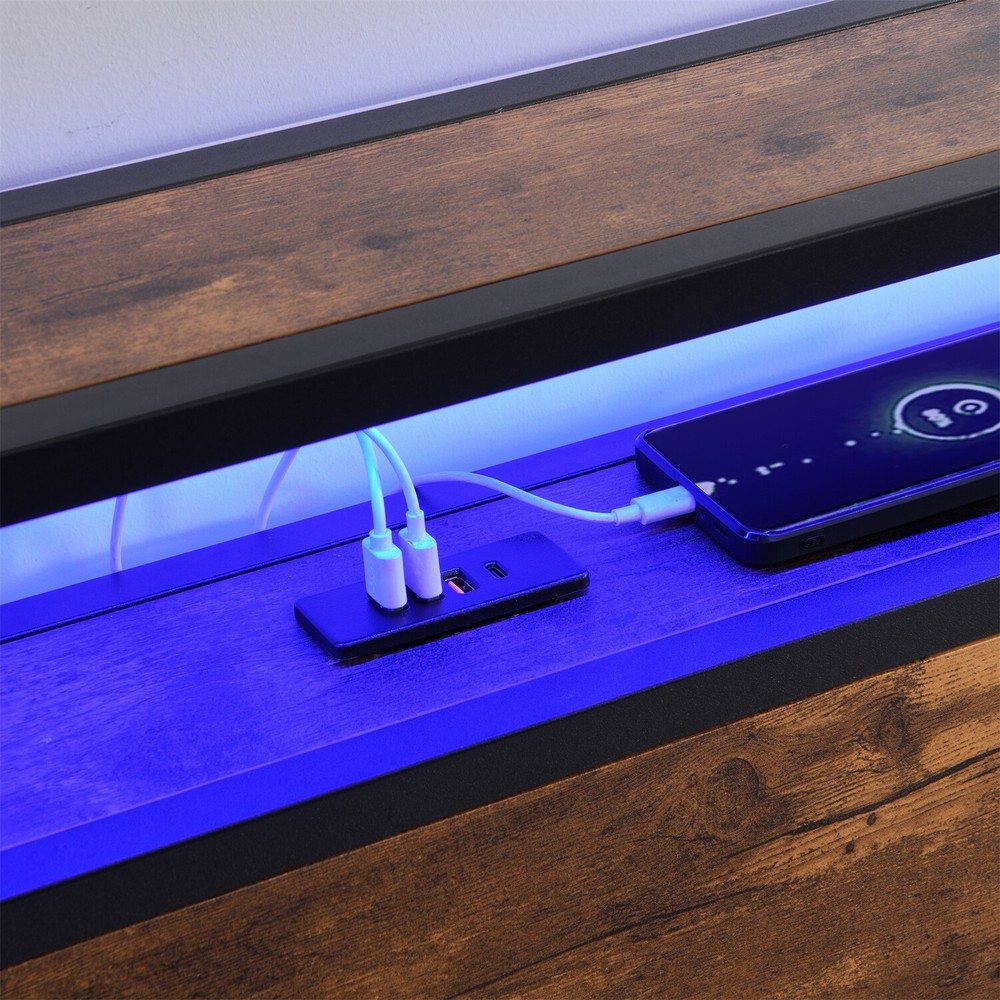 Full Size LED Bed Frame with Storage Headboard & 2 Drawers Metal Platform Bed