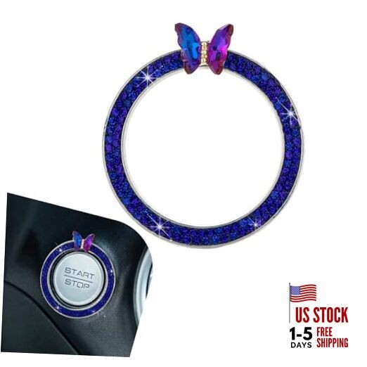 Bling Car Engine Start Stop Decoration Ring, Sparkling Butterfly Push dark blue