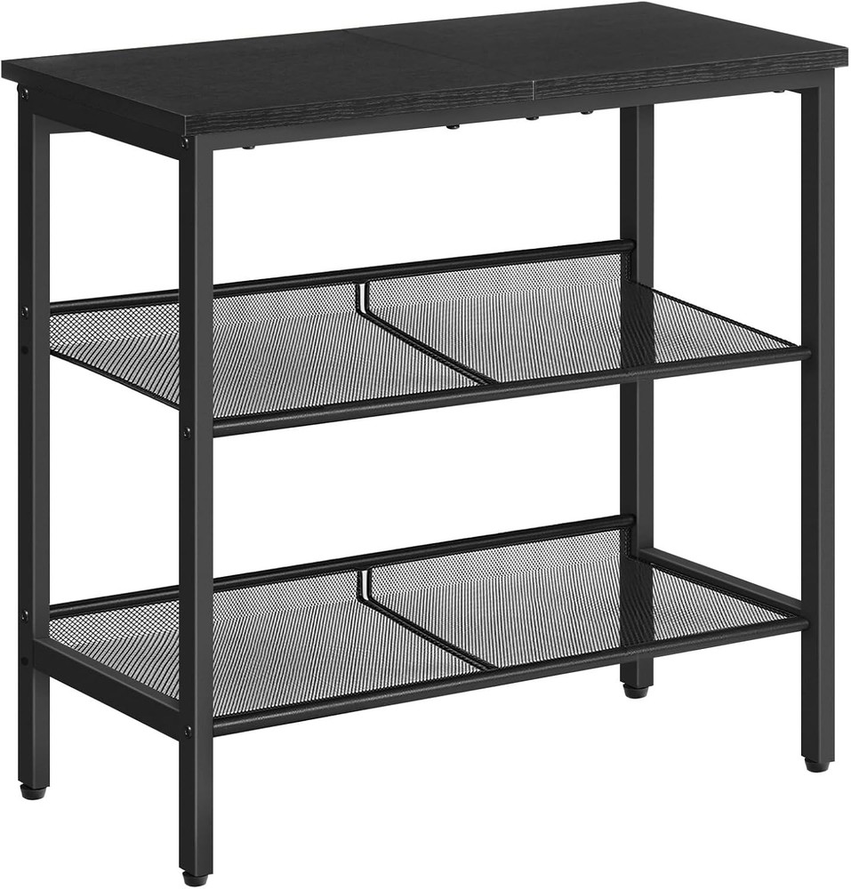 Black Side Table 3-Tier Metal Side Table Small Black Table W/ 2 Flat/Slant