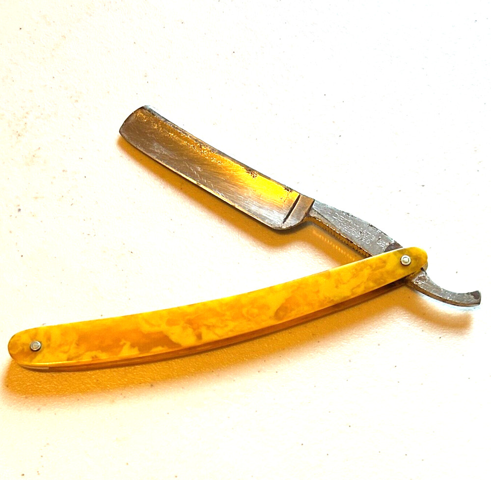 Devon MFG Co Chicago straight razor yellow mottled handle