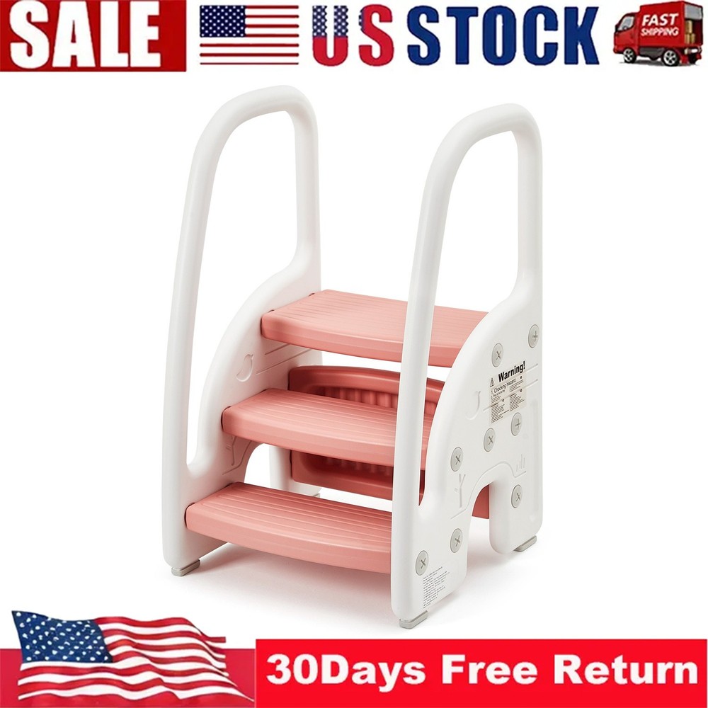 3 Step Stool Kids Standing Tower Plastic Stepping Standing Stool Helper, Pink